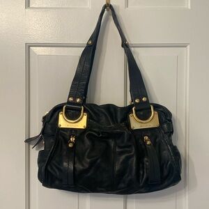 B. Makowsky Black Genuine Leather Bag with Gold Hardware